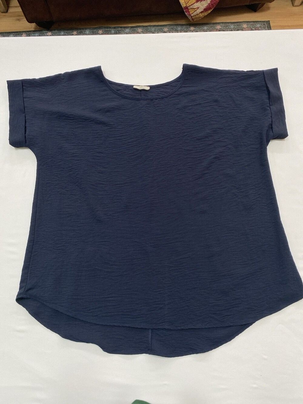 Entro Navy Blue Textured Cuffed Short Sleeve Top 1X Plus